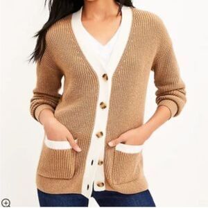 LOFT Tan and Cream color block Button-Front pocket knit Cardigan